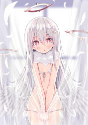 Rule 34 | 1girl, angel, angel wings, bikini, blush, character request, commentary request, copyright request, covering privates, covering crotch, curtains, feathered wings, feathers, flat chest, front-tie bikini top, front-tie top, hair between eyes, halo, highres, long hair, looking at viewer, low wings, mechanical halo, multiple halos, neck ruff, o-ring, open mouth, pink eyes, see-through, side-tie bikini bottom, silver hair, siragagaga, solo, swimsuit, symbol-shaped pupils, v arms, very long hair, white bikini, wings