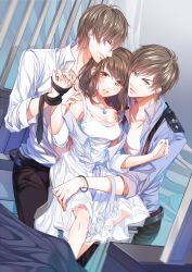 Rule 34 | 1girl, 2boys, black pants, black ribbon, blue shirt, bracelet, breasts, brown eyes, brown hair, cleavage, dress, dress shirt, earrings, hand grab, hand on another&#039;s shoulder, highres, holding hands, indoors, interlocked fingers, jewelry, looking at viewer, love and producer, medium breasts, multiple boys, necklace, open mouth, original, pants, reku (pixiv3677982), ribbon, shirt, sleeveless, sleeveless dress, white dress, white shirt