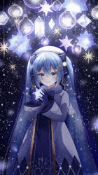 Rule 34 | 1girl, absurdres, aqua eyes, bass clef, beret, blue bow, blue gloves, blue hair, blue tabard, bow, bowtie, braid, braided bangs, capelet, christmas lights, commentary, dress, fortissimo, fur-trimmed capelet, fur trim, gloves, glowing, gold trim, hair bow, hair ornament, hat, hatsune miku, highres, holding, holding star, light blue hair, light bulb, long hair, looking at viewer, musical note, musical note hair ornament, noneon319, ornament, small stellated dodecahedron, smile, snowflake print, solo, star (symbol), star ornament, starry background, stellated octahedron, tabard, treble clef, twintails, twitter username, upper body, very long hair, vocaloid, white capelet, white dress, white hat, yuki miku, yuki miku (2021)