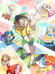 Rule 34 | 1girl, :d, blonde hair, commentary request, creatures (company), cropped shirt, eyelashes, fennekin, floating hair, game freak, gen 6 pokemon, glasses, green footwear, green headwear, green shorts, hat, highres, long hair, marie (marie cookie222), navel, nintendo, open mouth, outstretched arms, pancham, photo (object), pokemon, pokemon (anime), pokemon (creature), pokemon xy (anime), serena (pokemon), shirt, shoes, shorts, smile, socks, suspenders, tongue, white socks, yellow-framed eyewear, yellow shirt