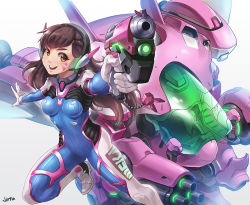Rule 34 | 1girl, :d, acronym, animal print, arm cannon, armor, artist name, blue bodysuit, bodysuit, boots, bracer, breasts, breasts apart, brown eyes, brown hair, charm (object), clothes writing, d.va (overwatch), facepaint, facial mark, finger on trigger, gatling gun, gloves, gun, handgun, hands up, headphones, holding, holding gun, holding weapon, knee pads, leg up, long hair, long sleeves, mecha, medium breasts, meka (overwatch), nose, open mouth, outstretched arms, overwatch, overwatch 1, pauldrons, pilot suit, pointing, rabbit print, ribbed bodysuit, robot, round teeth, shoulder armor, shoulder pads, simple background, skin tight, smile, solo, standing, standing on one leg, sungguk lee, teeth, thigh boots, thigh strap, thighhighs, turtleneck, upper teeth only, weapon, whisker markings, white background, white footwear, white gloves