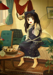 Rule 34 | 1girl, absurdres, barefoot, basket, bed, black hair, black ribbon, blanket, blouse, blush, brown hair, carpet, chair, chandelier, collared dress, commentary request, cookie, cup, cushion, drawing (object), dress, ekaapetto, fairy, fairy wings, flower, flower pot, food, hand in own hair, hand up, highres, indoors, juliet sleeves, lamp, long sleeves, looking at viewer, macaron, mirror, neck ribbon, on bed, open mouth, pastry, plant, potted plant, puffy sleeves, purple flower, red flower, reflection, ribbon, ruffling hair, shirt, sitting, solo, star (symbol), star print, star sapphire, table, tea, teapot, touhou, wallpaper (object), white ribbon, white shirt, wide sleeves, window, wings, wooden floor