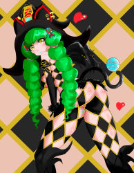 Rule 34 | 1girl, absurdres, artist request, ass, bare shoulders, blush, boots, breasts, crystal ball, drill hair, fiore brunelli, gloves, green hair, hair ornament, hat, highres, large breasts, leaning, leaning forward, lipstick, long hair, looking at viewer, makeup, revealing clothes, shiny skin, sideboob, smile, solo, star ocean, star ocean integrity and faithlessness, tail, twin drills, very long hair, witch hat, yellow eyes