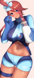 Rule 34 | 1girl, absurdres, bad id, bad pixiv id, belt, blue belt, blue eyes, blue gloves, blue jacket, blue shorts, blush, bottle, breasts, commentary, cowboy shot, creatures (company), cropped jacket, elbow gloves, game freak, gloves, gluteal fold, hair between eyes, hair ornament, hand up, highres, holding, holding bottle, jacket, large breasts, looking at viewer, midriff, milk, milk bottle, navel, nintendo, nose blush, one side up, parted lips, pokemon, pokemon bw, pouch, red hair, shingu tea, short shorts, shorts, sidelocks, simple background, skindentation, skyla (pokemon), solo, standing, swept bangs, thigh pouch, turtleneck