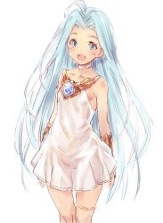 Rule 34 | 10s, 1girl, ahoge, bad id, bad twitter id, bare shoulders, blue eyes, blue hair, blush, choker, collarbone, dress, granblue fantasy, kawata hisashi, long hair, looking at viewer, lyria (granblue fantasy), open mouth, simple background, sketch, smile, solo, standing, thigh strap, very long hair, white background, white dress