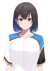 Rule 34 | 1girl, black hair, breasts, brown eyes, collarbone, earrings, highres, jewelry, large breasts, looking at viewer, multicolored clothes, multicolored shirt, original, short hair, simple background, smile, solo, stud earrings, takaman (gaffe), upper body, white background
