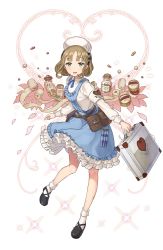 Rule 34 | 1girl, armband, bandages, belt pouch, black footwear, blue eyes, blue skirt, bottle, briefcase, frilled skirt, frills, full body, hat, heart, highres, looking at viewer, maria florence, medium hair, nurse cap, official art, parted bangs, pouch, princess principal, princess principal game of mission, shoes, skirt, solo, spool, standing, test tube, transparent background, vial, white legwear