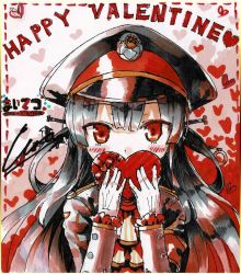 Rule 34 | 1girl, black hair, black hat, black jacket, blush, box, commentary request, cura, gift, gift box, gloves, hachiroku (maitetsu), hair between eyes, hair ornament, hair rings, happy valentine, hat, heart, heart-shaped box, highres, holding, holding gift, jacket, long hair, long sleeves, looking at viewer, maitetsu, peaked cap, red eyes, shikishi, solo, valentine, very long hair, white gloves
