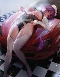 Rule 34 | 1girl, arched back, black leotard, breasts, car, center opening, chain, commentary request, film grain, hair ornament, highres, large breasts, leotard, long hair, lying, masaki (ekakiningen), motor vehicle, on back, on vehicle, original, parted lips, purple hair, red eyes, shrug (clothing), solo, sports car, thighhighs, underboob, white headwear, white thighhighs