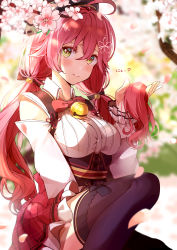 Rule 34 | 1girl, ahoge, bell, beret, black hat, black thighhighs, blurry, blurry background, blush, breasts, cherry blossoms, commentary request, detached sleeves, green eyes, hair between eyes, hair ornament, hat, highres, holding, holding own hair, hololive, knee up, long hair, looking at viewer, low twintails, medium breasts, neck bell, nira (vira), pink hair, pink skirt, sakura miko, sakura miko (casual), shirt, sidelocks, skirt, solo, thighhighs, twintails, virtual youtuber, white shirt