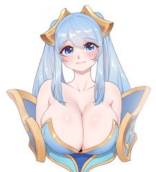 Rule 34 | 1girl, bare shoulders, blue eyes, blue hair, blush, breasts, closed mouth, head tilt, highres, huge breasts, league of legends, long hair, looking at viewer, simple background, skindentation, smile, solo, sona (league of legends), twintails, upper body, white background, yabby