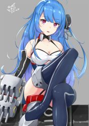 Rule 34 | 1girl, ahoge, azur lane, bare shoulders, blue hair, breasts, cannon, cleavage, collarbone, commentary request, detached sleeves, garter straps, grey background, hair ornament, helena (azur lane), highres, hoshimiya mashiro, leg up, long hair, looking at viewer, machinery, medium breasts, one side up, parted lips, purple eyes, simple background, sitting, solo, thighhighs
