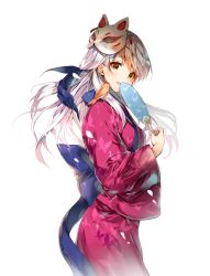 Rule 34 | 1girl, animal, animal on shoulder, animal print, bangle, bird, bird on shoulder, bracelet, bug, butterfly, butterfly print, fire emblem, fire emblem: radiant dawn, fire emblem heroes, hair ribbon, half updo, hand fan, highres, insect, japanese clothes, jewelry, kimono, long hair, looking at viewer, mask, mask on head, micaiah (fire emblem), miwabe sakura, nintendo, obi, official alternate costume, paper fan, ribbon, sash, silver hair, simple background, smile, solo, summer festival, uchiwa, white background, wide sleeves, yellow eyes, yukata, yune (fire emblem)
