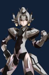 Rule 34 | 1girl, android, arm up, bad id, bad pixiv id, black eyes, blue background, clenched hand, expressionless, flat chest, grey hair, hand on own hip, hat, hip focus, joints, phantasy star, phantasy star online 2, pink47, robot ears, robot joints, solo, standing