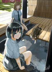 Rule 34 | 2girls, ashiyu, bamboo screen, black hair, black neckwear, blue eyes, blue shirt, blue skirt, breasts, brown hair, cat, commentary request, day, closed eyes, from above, from behind, grass, highres, looking at viewer, looking back, loose necktie, multiple girls, necktie, open mouth, original, outdoors, pleated skirt, railroad tracks, school uniform, shirt, short hair, short sleeves, signature, sitting, skirt, small breasts, smile, soaking feet, soragane (banisinngurei), summer, train station