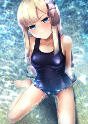 Rule 34 | 1girl, aqua eyes, blonde hair, blue one-piece swimsuit, blush, breasts, covered navel, fate/grand order, fate (series), flower, hair flower, hair ornament, highres, kneeling, kuro yanagi, long hair, looking at viewer, lord el-melloi ii case files, one-piece swimsuit, reines el-melloi archisorte, skindentation, smile, solo, swimsuit, thighs
