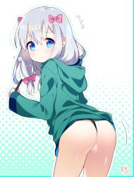 Rule 34 | 1girl, ass, black panties, blue eyes, blush, bow, closed mouth, commentary request, eromanga sensei, flying sweatdrops, from behind, green jacket, hair bow, highres, izumi sagiri, jacket, leaning forward, long hair, long sleeves, looking at viewer, looking back, marui shiro, panties, pink bow, polka dot, polka dot background, silver hair, solo, standing, stylus, underwear, wavy mouth
