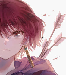 Rule 34 | 1girl, akatsuki no yona, arrow (projectile), blush, closed mouth, earrings, highres, jewelry, kumagai yuka, looking at viewer, one eye covered, petals, purple eyes, red hair, short hair, solo, tassel, tassel earrings, white background, yona (akatsuki no yona)
