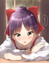 Rule 34 | 1girl, :d, absurdres, blush, bow, brown eyes, collarbone, commentary request, fang, fingernails, gegege no kitarou, hair bow, high ponytail, highres, indoors, long sleeves, looking at viewer, nekomusume, nekomusume (gegege no kitarou 6), open mouth, parted bangs, pentagon (railgun ky1206), ponytail, purple hair, red bow, shirt, smile, solo, translated, upper body, white shirt