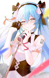 Rule 34 | 1girl, asymmetrical gloves, black bow, black gloves, black hairband, blue eyes, blue hair, bow, closed mouth, floating hair, gloves, hair between eyes, hair bow, hairband, half gloves, hatsune miku, holding, holding microphone stand, long hair, looking at viewer, luobo (nsnr8754), microphone stand, pink ribbon, ribbon, shirt, single glove, sleeveless, sleeveless shirt, smile, solo, standing, striped, striped bow, tears, uneven gloves, upper body, very long hair, vocaloid, white shirt, wrist ribbon