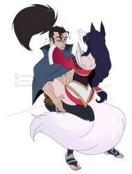 Rule 34 | 1boy, 1girl, ahri (league of legends), animal ears, artist name, bare shoulders, beard, black hair, black pants, brown hair, facial hair, facing another, fox ears, fox girl, fox tail, from behind, heart, highres, invisible chair, kitsune, korean clothes, kyuubi, league of legends, long hair, long sleeves, looking at another, multiple tails, odeko yma, on lap, pants, ponytail, simple background, sitting, tail, watermark, white background, yasuo (league of legends)