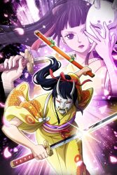Rule 34 | 1boy, black hair, blue eyes, eyelashes, floral background, floral print, flower, groin, hair ornament, japanese clothes, katana, kikunojo (one piece), kimono, lipstick, long hair, looking at viewer, makeup, male focus, mask, moon, noh mask, official art, one piece, oni mask, red ribbon, ribbon, solo, star (sky), star (symbol), sword, trap, weapon, yellow kimono