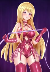 Rule 34 | 1girl, armpit crease, assault lily, bare shoulders, blonde hair, blunt ends, blush, bondage outfit, breasts, cleavage, closed mouth, commentary request, cross-laced clothes, dominatrix, elbow gloves, garter straps, gloves, gradient background, highres, holding, holding whip, imai tomohiro, large breasts, long hair, looking at viewer, miyagawa takane, navel, o-ring, o-ring top, pink gloves, pink thighhighs, purple background, purple eyes, see-through, smile, solo, standing, thighhighs, very long hair, whip