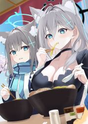 Rule 34 | 2girls, animal ear fluff, animal ears, black choker, black dress, blue archive, blue jacket, blue necktie, blue scarf, blush, bowl, breasts, broken halo, cherry blossoms, choker, chopsticks, cleavage, commentary request, cross hair ornament, dress, dual persona, eating, extra ears, food, grey hair, hair ornament, halo, highres, holding, holding chopsticks, holding spoon, jacket, large breasts, long hair, looking at another, looking to the side, medium hair, mismatched pupils, multiple girls, necktie, noodles, open clothes, open jacket, ramen, scarf, school uniform, shiroko (blue archive), shiroko terror (blue archive), shirt, spoon, striped clothes, striped scarf, towrituka, white shirt, wolf ears