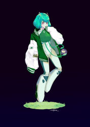 Rule 34 | 1girl, android, antennae, bodysuit, bulbasaur, commentary, covered mouth, creatures (company), english commentary, floating, full body, game freak, gen 1 pokemon, green eyes, green jacket, highres, jacket, le wang, letterman jacket, long sleeves, nintendo, personification, plant, pokemon, red eyes, short hair, sleeves past fingers, sleeves past wrists, solo, sprout, vines, white bodysuit