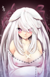 Rule 34 | 1girl, absurdres, bad id, bad pixiv id, bare shoulders, blush, breasts, cleavage, crossed arms, detached sleeves, dress, female focus, gradient background, hair between eyes, hair ribbon, highres, jewelry, large breasts, long hair, looking at viewer, mole, mole under mouth, necklace, off-shoulder dress, off shoulder, original, purple eyes, ribbon, silver hair, solo, textless version, torriet
