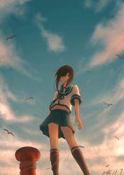 Rule 34 | 10s, 1girl, 2015, bird, black socks, blue skirt, blue sky, brown hair, cloud, cloudy sky, commentary request, dated, day, fubuki (kancolle), green eyes, hair between eyes, highres, kantai collection, kneehighs, looking at viewer, low ponytail, open mouth, outdoors, pleated skirt, rope, school uniform, serafuku, short ponytail, short sleeves, sidelocks, skirt, sky, socks, solo, standing, tabiaki (cosy catastrophe), tabisora