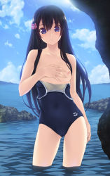 Rule 34 | 1girl, arena (company), bare shoulders, black hair, blue eyes, blue one-piece swimsuit, breasts, character request, clothes pull, cloud, collarbone, competition swimsuit, covering breasts, covering one breast, covering privates, cowboy shot, day, flat chest, gluteal fold, hair ornament, highres, looking at viewer, nipples, one-piece swimsuit, one-piece swimsuit pull, original, partially submerged, rock, sky, solo, swimsuit, wacchi, wading, water
