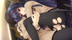 Rule 34 | 1girl, asami asami, ass, black hair, blush, book, breasts, censored, clothed sex, clothing aside, game cg, happy sex, himekawa honami, large breasts, legs, library, long hair, looking down, mosaic censoring, open mouth, panties, panties aside, pantyhose, penis, pretty x cation 2, red eyes, school uniform, sex, skirt, smile, solo focus, standing, thighs, torn clothes, torn legwear, underwear, vaginal