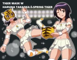Rule 34 | 10s, 1girl, boots, commentary request, dual persona, elbow pads, mask, midriff, multiple views, navel, one eye closed, onomekaman, spring tiger, takaoka haruna, tiger mask (series), tiger mask w, tongue, tongue out, wrestling outfit, wristband