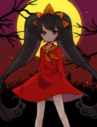 Rule 34 | 1girl, absurdres, arms at sides, ashley (warioware), black hair, branch, closed mouth, dress, feet out of frame, female focus, full moon, hairband, highres, long hair, long sleeves, looking at viewer, moon, neckwear request, night, night sky, nintendo, offbeat, orange hairband, orange neckwear, outdoors, red dress, red eyes, sidelocks, silhouette, skull, sky, solo, standing, star (sky), tree, twintails, very long hair, warioware