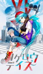 Rule 34 | 1girl, black cat, blue hair, building, cat, closed mouth, hatsune miku, highres, kagerou project, long hair, pants, rumoon, traffic light, very long hair, vocaloid