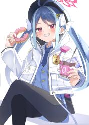 Rule 34 | 1girl, antenna hair, black pantyhose, blue archive, blue hair, blue necktie, bow, coffee cup, cup, disposable cup, doughnut, drink, food, fubuki (blue archive), grin, hair bow, halo, highres, holding, holding drink, holding food, jacket, ls peri, necktie, pantyhose, police, police badge, police uniform, red eyes, smile, solo, twintails, uniform, walkie-talkie, white bow, white jacket