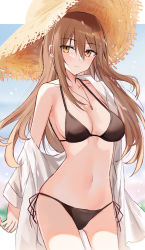 Rule 34 | 1girl, bare shoulders, bikini, black bikini, blush, breasts, brown eyes, brown hair, brown hat, cleavage, closed mouth, collarbone, commentary request, hair between eyes, halterneck, hat, highres, kinona, long hair, looking at viewer, medium breasts, navel, off shoulder, open clothes, open shirt, original, shirt, side-tie bikini bottom, solo, straw hat, string bikini, swimsuit, very long hair, white shirt