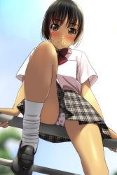 Rule 34 | 1girl, absurdres, black footwear, black hair, blue sky, blurry, blurry background, blush, bow, brown eyes, closed mouth, collared shirt, day, depth of field, heart, heart panties, heart print, highres, kneehighs, loafers, looking at viewer, looking down, matsunaga kouyou, on railing, original, outdoors, panties, plaid, plaid skirt, pleated skirt, print panties, railing, red bow, shirt, shoes, short sleeves, sitting, skirt, sky, smile, socks, solo, underwear, upskirt, white panties, white shirt, white socks