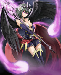 Rule 34 | 1girl, absurdres, black hair, highres, hitodama, jewelry, lots of jewelry, necklace, persephone (p&amp;d), purple eyes, puzzle &amp; dragons, solo, staff, taba comya, wings
