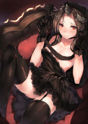 Rule 34 | 1girl, absurdres, bad id, bad pixiv id, bed, black dress, black hair, blush, breasts, cleavage, demon girl, dress, embarrassed, garter straps, gloves, highres, horns, hplay, lace, lace-trimmed legwear, lace trim, large breasts, long hair, looking at viewer, lying, on back, original, red eyes, solo, thighhighs, thighs