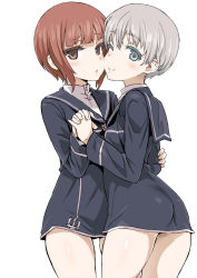 Rule 34 | 10s, 2girls, :o, ;), arm grab, asanagi, ass, bare legs, blue eyes, blush, brown eyes, brown hair, cheek-to-cheek, dress, female focus, flat ass, hat, heads together, highres, holding hands, hug, interlocked fingers, kantai collection, legs, looking at viewer, looking back, multiple girls, no headwear, one eye closed, open mouth, sailor dress, sailor hat, school uniform, short hair, silver hair, simple background, smile, standing, thighs, white background, wink, yuri, z1 leberecht maass (kancolle), z3 max schultz (kancolle)