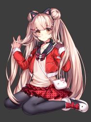 Rule 34 | animal ears, bag, blonde hair, bow, brown eyes, cat ears, choker, commission, double bun, doughnut hair bun, gendo0032, hair bun, hair ornament, hairclip, handbag, headband, jacket, long hair, looking at viewer, original, sailor collar, sitting, skirt, smile, solo, thighhighs, twintails, yellow eyes