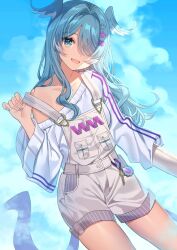 Rule 34 | 1girl, blue eyes, blue hair, blue nails, blue wings, dragon tail, elira pendora, elira pendora (1st costume), grey overalls, hair ornament, hair over one eye, head wings, highres, long hair, nijisanji, nijisanji en, one eye covered, open mouth, overall shorts, overalls, sky, smile, solo, sweater, tail, umireki, virtual youtuber, white hair, white sweater, wings, x hair ornament