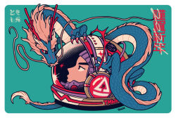 Rule 34 | 1boy, astronaut, chinese zodiac, closed mouth, dragon, eastern dragon, green background, helmet, kk724, looking at animal, looking to the side, male focus, new year, original, portrait, profile, red eyes, simple background, solo, space helmet, translation request, year of the dragon