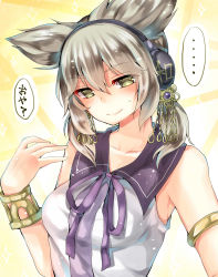 Rule 34 | 1girl, alternate costume, alternate hairstyle, bare shoulders, brown hair, collarbone, earmuffs, headphones, highres, jewelry, looking at viewer, mimoto (aszxdfcv), pointy hair, short hair, sleeveless, smile, solo, touhou, toyosatomimi no miko, twintails, wrist cuffs, yellow eyes