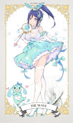 Rule 34 | 1girl, aqua bow, aqua skirt, blue flower, blue footwear, blue hair, blue ribbon, blush stickers, border, bow, breasts, brooch, bubble, character name, cleavage, creature, detached collar, elbow gloves, english text, flower, full body, garter straps, gloves, grey border, hair flower, hair ornament, hair ribbon, hairband, heart, high heels, highres, holding, holding wand, jewelry, large breasts, love live!, love live! school idol festival, love live! sunshine!!, matsuura kanan, petticoat, pinky out, purple eyes, qianqian, ribbon, sidelocks, skirt, skirt hold, smile, solo, standing, stiletto heels, thighhighs, wand, white gloves, white thighhighs, wing hair ornament