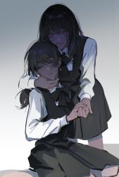 Rule 34 | 2girls, attsei, black bow, black bowtie, black dress, black hair, bow, bowtie, brown eyes, chainsaw man, collared shirt, dress, dual persona, expressionless, facial scar, feet out of frame, gradient background, grin, half-closed eyes, hand on another&#039;s neck, highres, holding hands, leaning forward, long sleeves, looking at viewer, low ponytail, medium hair, mitaka asa, multiple girls, pinafore dress, pink eyes, ringed eyes, scar, scar on cheek, scar on face, school uniform, shirt, simple background, sitting, sleeveless, sleeveless dress, smile, standing, wariza, white background, white shirt, yoru (chainsaw man)