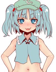 Rule 34 | 1girl, :3, bad id, bad pixiv id, bare shoulders, blue eyes, blue hair, cabbie hat, crop top, dress, hair bobbles, hair ornament, hat, kawashiro nitori, looking at viewer, matching hair/eyes, navel, open mouth, short hair, short twintails, sleeveless, smile, solo, touhou, twintails, two side up, upper body, yakan 7, yukinojou yakan
