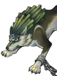 Rule 34 | animal, animal focus, ankle cuffs, blue eyes, chain, chained, claws, colt arami, earrings, grey fur, grimace, highres, jewelry, link, nintendo, no humans, simple background, single earring, solo, teeth, the legend of zelda, the legend of zelda: twilight princess, white background, wolf, wolf link